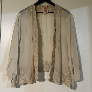 Johnny Was Womens Taupe Embroidered Open Front Kimono Duster Shawl 3X